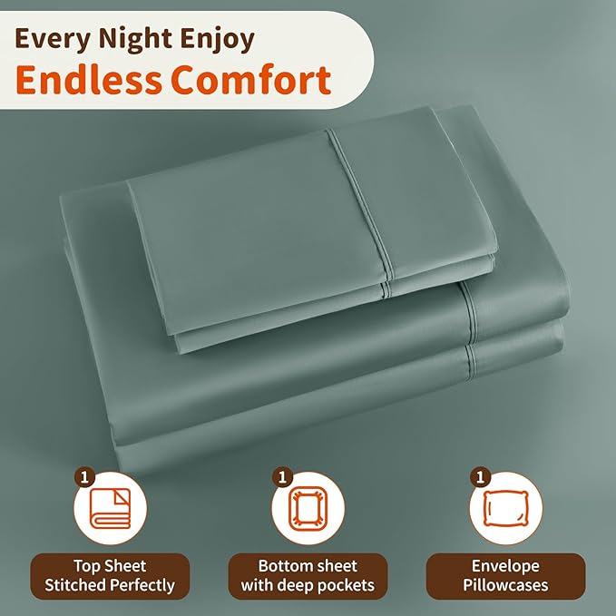 LBRO2M 1000 Thread Count 100% Egyptian Cotton Sheets Set Twin XL, 3 Piece Sets Bed Sheet Deep Pocket Sheet Set 16" Soft Comfortable All Season (Twin XL, Sage Green) LBRO2MBedding