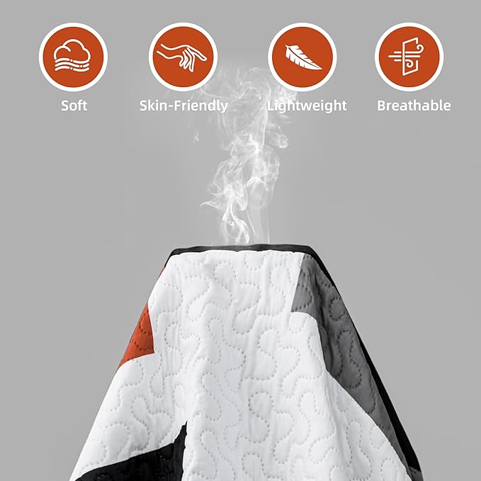 2 Piece Orange Grey Quilt Set Twin Size Black White Gray Geometric Reversible Bedding Set Microfiber Lightweight Bedspread Coverlet with 1 Sham Modern Bed Covers for All Season, 68''x86''