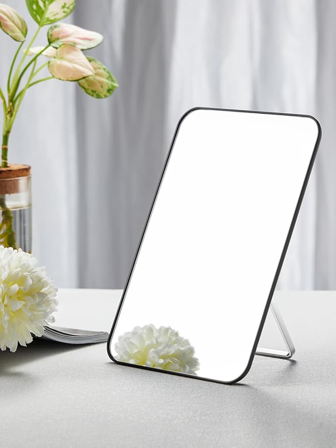 OMIRO Desk Makeup Mirror, 8 x 5 inches Table Mirror with Foldable Stand and Hanging Hole for Shaving and Travelling, Black