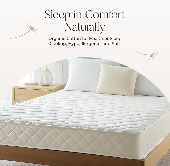 100% Cotton Organic Mattress Pad - Breathable & Cooling Mattress Protector Twin Size - Premium 300GSM Quilted and Noiseless Machine Washable Organic Mattress Protector (White, Twin)