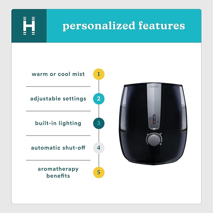 Homedics TotalComfort Plus Humidifier – Large Air Humidifiers for Bedroom, Plants – Top-Fill 5.3L Water Tank with Cool and Warm Mist, Essential Oil Pads, Colored Night-Light, Black