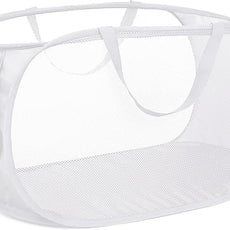 Strong Mesh Pop Up Laundry Basket, Collapsible Laundry Hamper with Side Pocket, Foldable Clothes Pop Up Hamper with Durable Reinforced Handles for Laundry, Bathroom, Kids Room, Dorm or Travel White