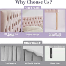 Kingfun Upholstered Queen Headboard Only, Premium Velvet Button Tufted Headboards, Adjustable Solid Wood Head Board, Padded Headboard with Solid Wood Legs in Bedroom (Pink)