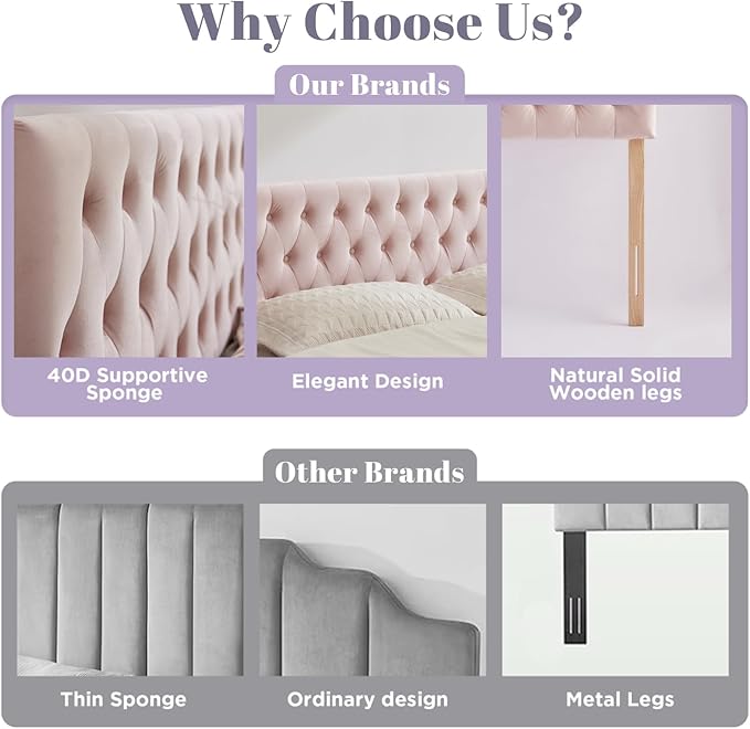 Kingfun Headboards in Modern Button Design, Premium Velvet Fabric Upholstered Tufted Bed Headboard, Adjustable Solid Wood Head Board (Pink, Twin)