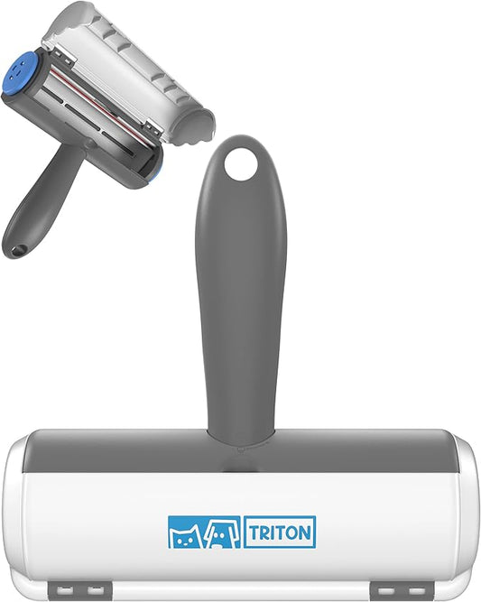 Triton Pet Hair Removal Tool w/Fur Trapping Compartment and Detachable Handle, 60% Smaller Storage Size, Reusable Shedding Roller, Cat and Dog Hair Remover for Car, Furniture, Carpet (Gray/White)