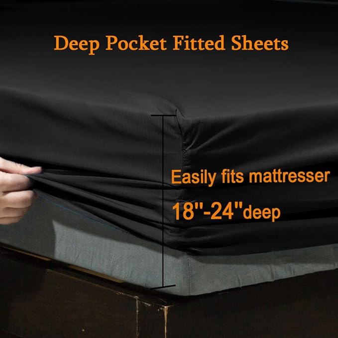SONORO KATE Bed Sheet Set Super Soft Microfiber 1800 Thread Count Luxury Egyptian Sheets Fit 18-24 Inch Deep Pocket Mattress Wrinkle-6 Piece (Black, King)