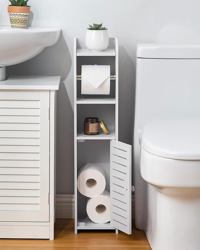 AOJEZOR Toilet Paper Holder Stand: No Drill PVC Small Bathroom Cabinet for Apartment Dwellers - Rental Deposit Protection - Small Space Storage Saving