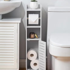 AOJEZOR Toilet Paper Holder Stand: No Drill PVC Small Bathroom Cabinet for Apartment Dwellers - Rental Deposit Protection - Small Space Storage Saving