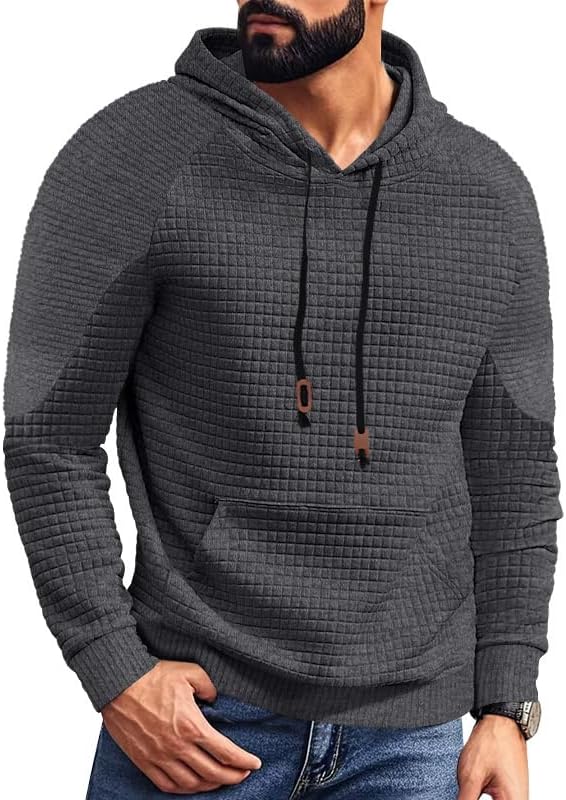 Men's Waffle Sweatshirt - Autumn Winter Hooded Pullover Loose Fit Casual Wear for Vacation Daily Life