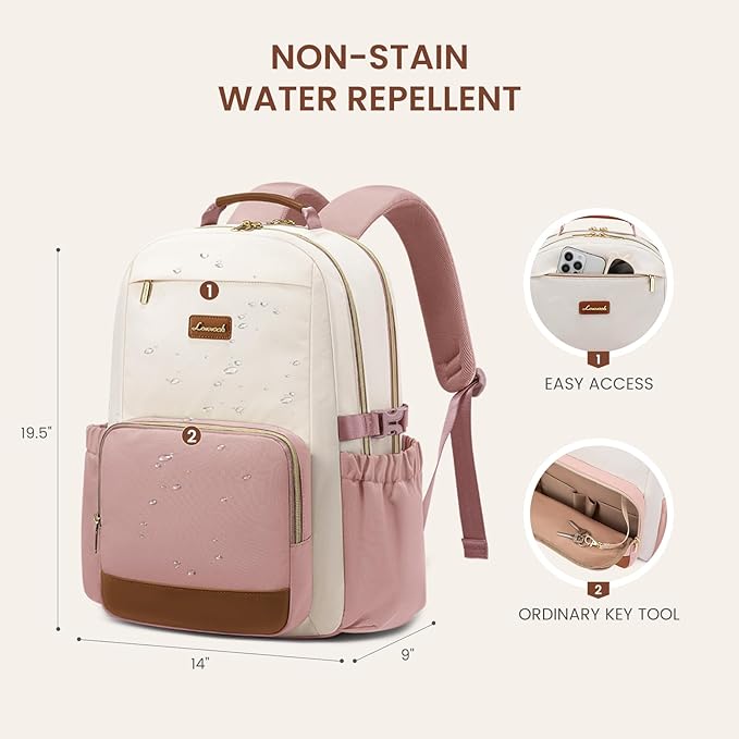 LOVEVOOK Laptop Backpack for Women with Pouch Pocket for Large Capacity Cup,18 Inch Teacher Nurse College Work Backpack Purse,Waterproof Laptop Bag Computer Back Pack for Travel, Beige-Pink-Brown