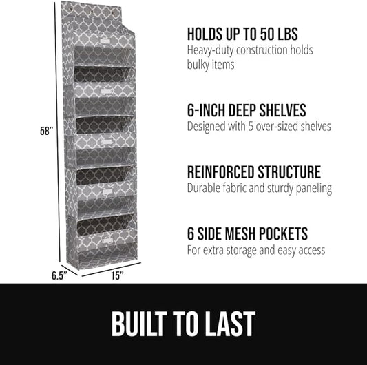 GORILLA GRIP Large Capacity Closet Organizer, 5 Deep Shelves, Holds 50lbs, Over the Door Organizers 6 Mesh Pockets, Shelf Storage for Clothes Crafts Essentials, 3 Metal Hooks, 58x15 Inches, Quatrefoil