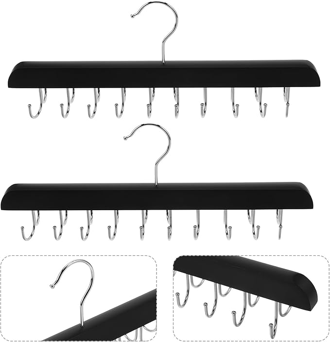 Foldable Wood Closet Organizer Hanger with 20 Non-Slip Hooks for Bras, Scarves, and Pants Space-Saving Clothes Rack for Dorms, Apartments, and Home, Black 2pcs