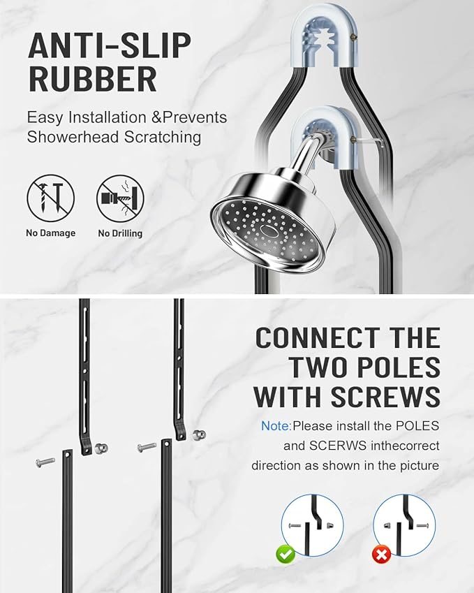 Adjustable Shower Caddy Hanging for Handheld Showerheads - Never Rust Shower Hanging Organizer, Upgraded Bathroom Shower Rack with Soap Basket, Hooks and Toothbrush Holder (Black)