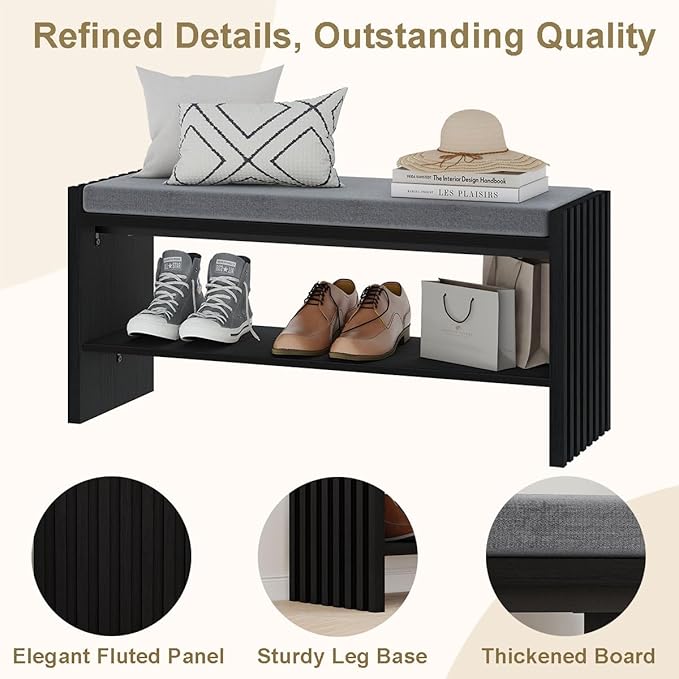 BON AUGURE Storage Bench, Entryway Bench with Shoes Storage, Wooden Benches with Seat Cushion, Shoe Rack Benches for Entry, Entrance, Front Door (Black Oak, 40 Inch Wide)