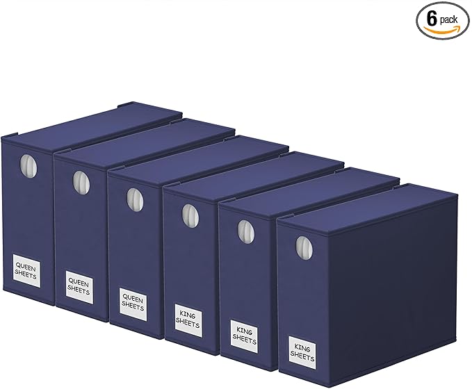 SpaceAid 6 Pack Bed Sheet Organizers and Storage, Foldable Sheet Organizer with Window for Linen Closet, Set Folder Keeper for Queen & King Size Bedding Storage (Navy Blue)