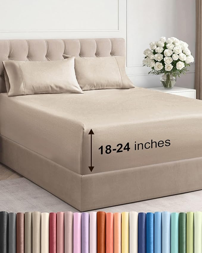 Extra Deep Pocket Cal King Sheets - 4 Piece Breathable & Cooling Bed Sheets - Hotel Luxury Bed Sheet Set - Soft, Wrinkle Free & Comfy - Easily Fits Extra Deep Mattresses - Deep Pocket Wheat Sheets Set