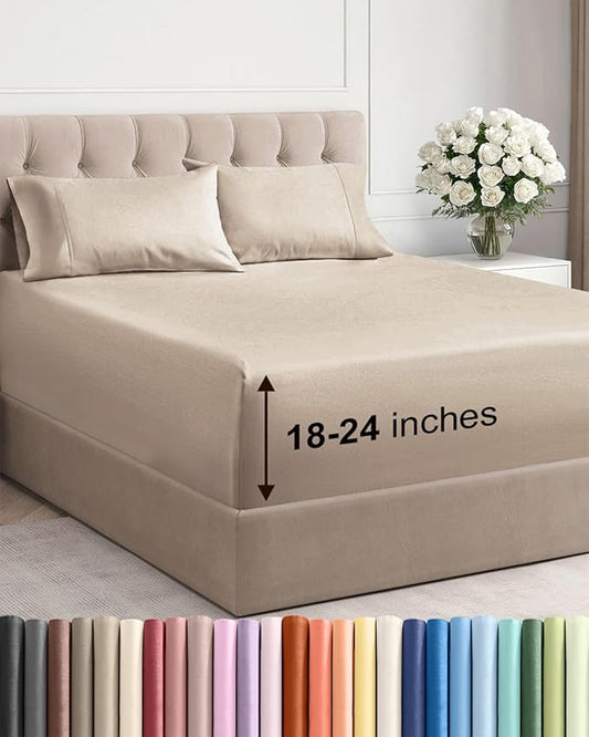 Extra Deep Pocket Cal King Sheets - 4 Piece Breathable & Cooling Bed Sheets - Hotel Luxury Bed Sheet Set - Soft, Wrinkle Free & Comfy - Easily Fits Extra Deep Mattresses - Deep Pocket Wheat Sheets Set