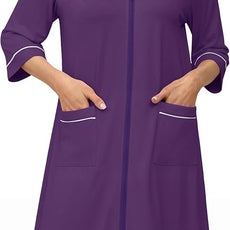 Ekouaer Zipper Robes for Women 3/4 Sleeve Housecoats Knee Length Bathrobe Lightweight Nightgown with Pockets S-3XL