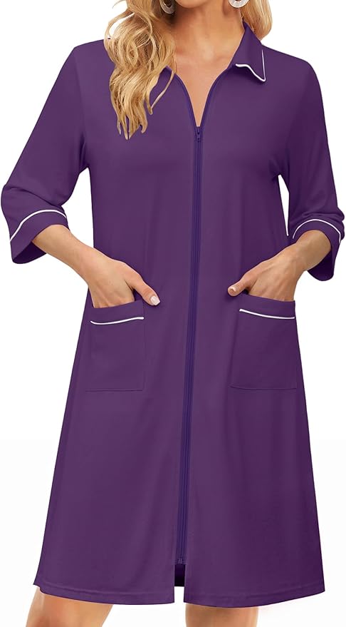 Ekouaer Zipper Robes for Women 3/4 Sleeve Housecoats Knee Length Bathrobe Lightweight Nightgown with Pockets S-3XL