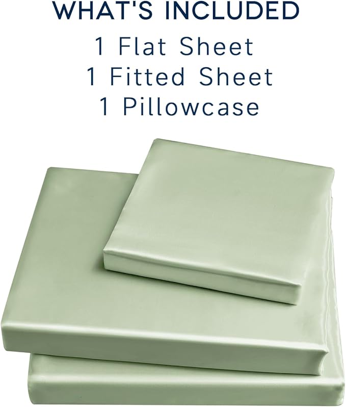Satin Sheets Twin Size - 3 Pieces Luxury Silky Soft Bed Sheets, Wrinkle-Free Sage Green Satin Silk Sheet Set with 1 Deep Pocket Fitted Sheet, 1 Flat Sheet, 1 Pillow Case