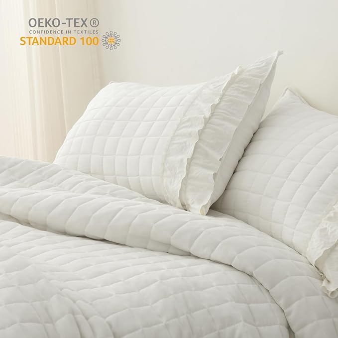 HORIMOTE HOME Ivory Ruffled Quilt Set Twin Size, Classic Geometric Square Stitched Pattern, Pre-Washed Farmhouse Shabby Chic Microfiber Lightweight Bedding Set Bedspread Coverlet for All Season