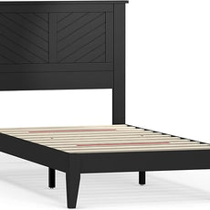 Serene Farmhouse Style Wood Bed in Twin Size with Chevron Scoring Headboard, Coastal Modern Design, Sturdy, Easy Assembly, Ample Underbed Storage, Black Finish
