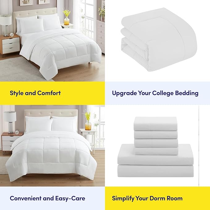Dorm Room Essentials College Bedding Comforter Set 5 Piece Twin XL Size Bed in a Bag for College Students Boys and Girls, Twin XL, White