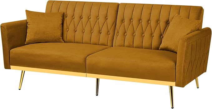70” Velvet Futon Sofa Bed with 2 Pillows and Adjustable Armrests, Convertible Sleeper Bed W/Adjustable Backrests, Modern Loveseat for Living Room, Bedroom, Ginger