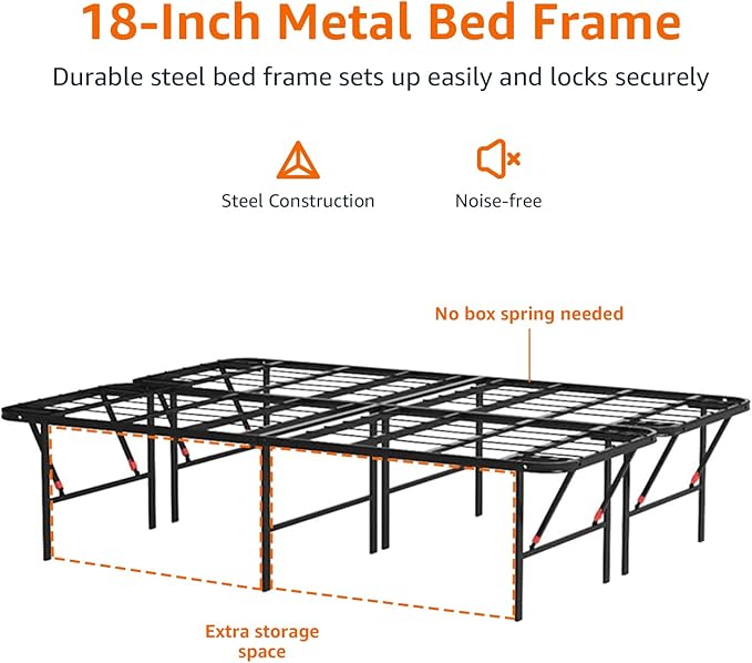 Amazon Basics Bed Frame with Storage, Foldable Metal Platform, Sturdy Steel, No Box Spring Needed, 18 inches High, Tool-Free Setup, Full Size, Black