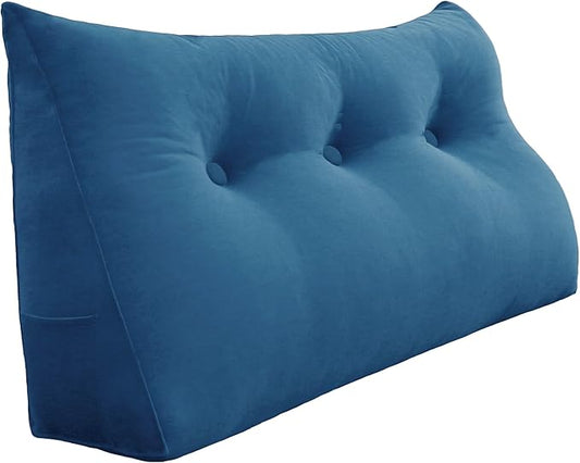 8 lbs Thickened Twin Wedge Pillow Headboard College Dorm Bed Velvet Wedge Pillow Backrest Triangular Headboard Pillows with Side Pocket, Dorm Bedding Essentials for Girls & Boys, Blue