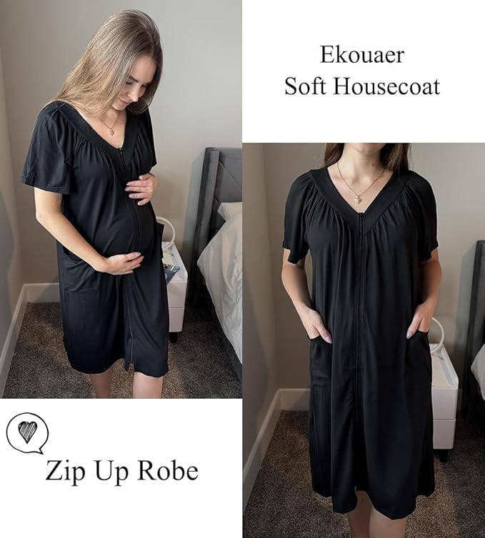 Ekouaer Women Robe Zipper Front Mumu Duster Robes Zip Up Housecoat Soft Sleepwear with Pockets