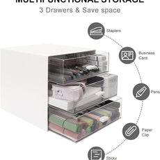 Desk Organizer with Drawer, Desk Storage Box, Plastic Office Stationery Supplies Organizers, Desktop Organizer for Office School Home (3 drawer, White)