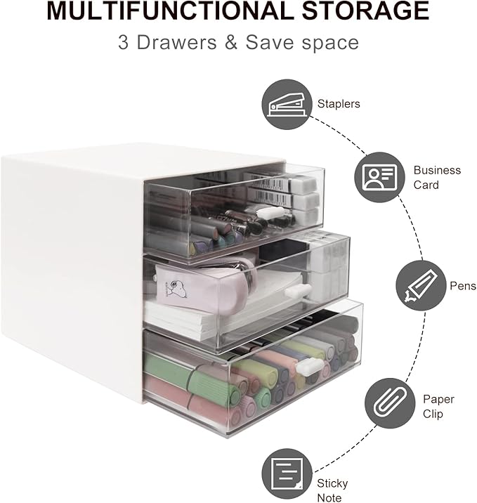 Desk Organizer with Drawer, Desk Storage Box, Plastic Office Stationery Supplies Organizers, Desktop Organizer for Office School Home (3 drawer, White)