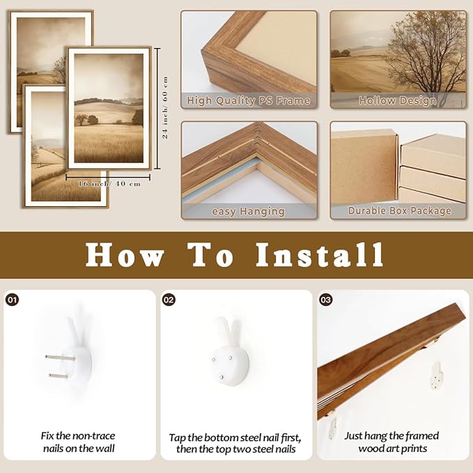 BINCUE Framed Countryside Wall Art Rustic Village Wall Decor Farmhouse Landscape Art Print for Living Room Bedroom Office 16x24 Inches Set of 3