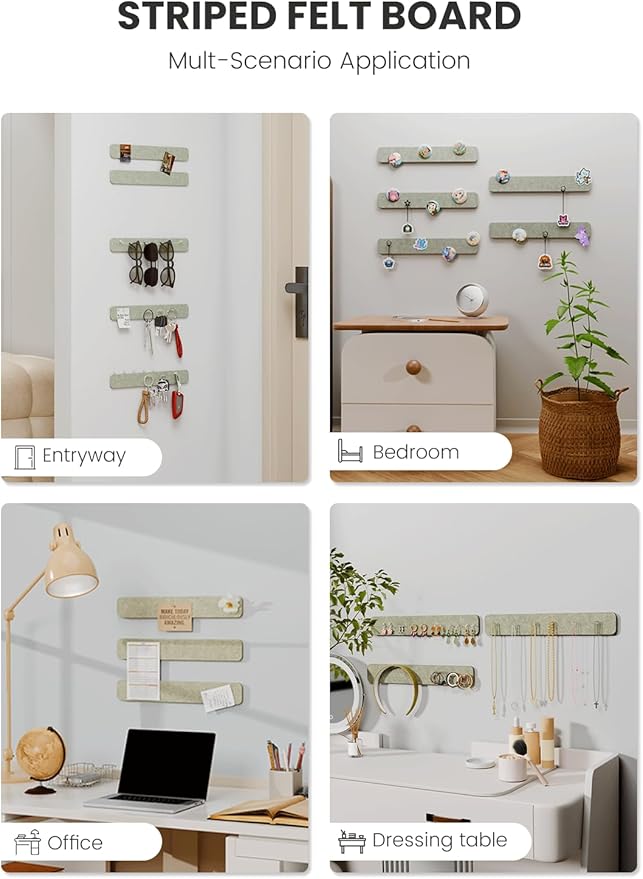 Cork Board Alternative Felt Strip Board 5-Pack 13"x2", Office Pin Board with 35 Push Pins, Adhesive Install for Bedroom Door & Home Office(Sage)