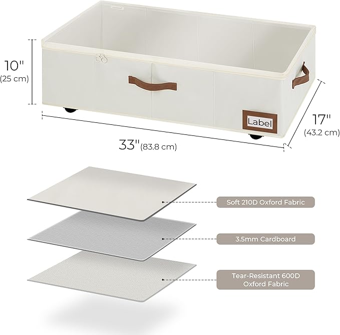 StorageWorks Under Bed Storage with Wheels, 10'' Underbed Storage Containers with Lid, 90L Clothes Organizer for Blankets, Sweaters, Bedding, 2-Pack, Beige