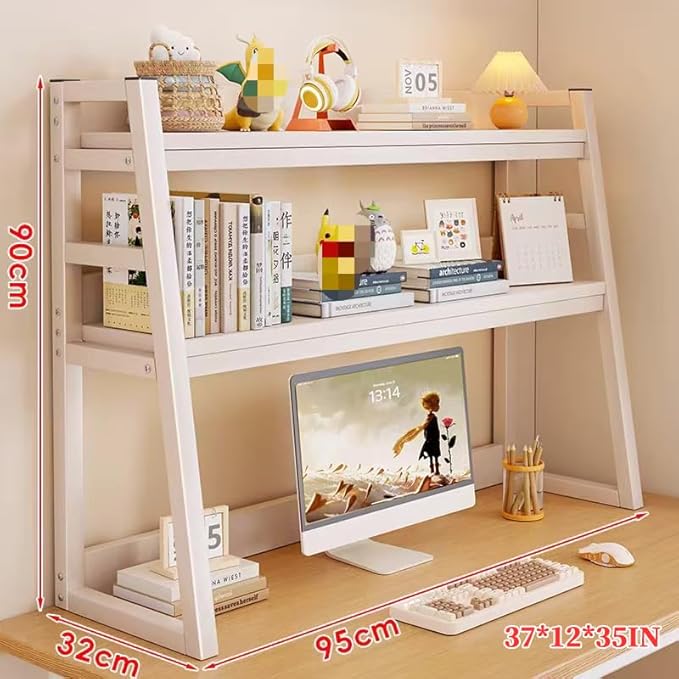 2-Tier Desktop Bookshelf, Wood Hutch Shelf Organizer, 29.9 x 12.6 x 35.4 inches, Study Room Storage Rack (White, 37 * 12 * 35in)