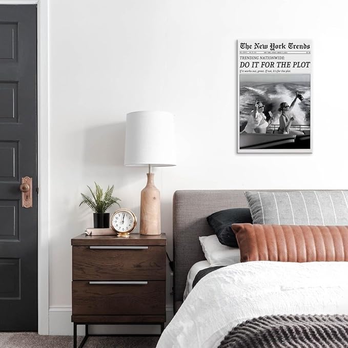 Retro New York Trends Wall Art Black and White Newspaper Poster Do It for The Plot Canvas Prints Funky Feminist Posters Trendy College Wall Decor for Bar Cart Hot Girl Dorm Room Decorative 16x24inch Framed