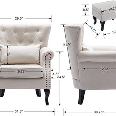 Accent Chair with Ottoman Modern Button Tufted Armchair Wingback Club Chair Linen Fabric Single Sofa Lounge Chair with Pillow for Living Room Bedroom, Beige