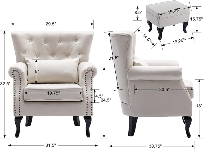 Set of 2 Mid-Century Modern Accent Chair with Ottomans, Linen Fabric Armchair w/Tufted Back/Wood Legs, Upholstered Lounge Arm Chair Single Sofa for Living Room Bedroom, Beige