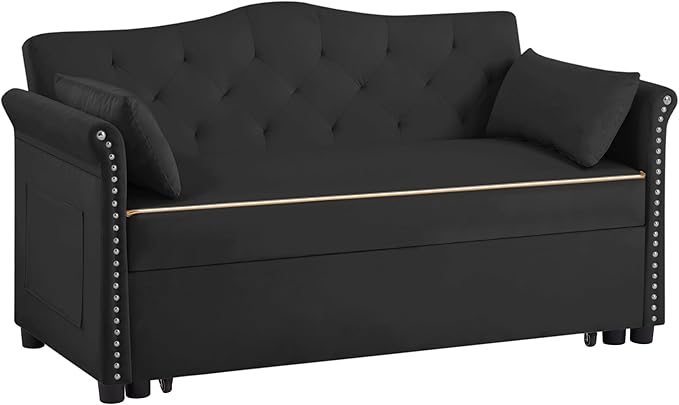 57" Velvet Pull-Out Sofa Bed, 3-in-1 Convertible Loveseat with Gold Trim Strips and Adjustable Backrest, Perfect for Living Rooms, Offices and Apartments (Black)