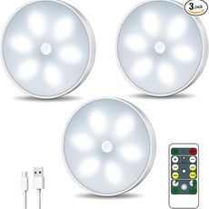 LED Closet Motion Sensor Step Lights, USB Rechargeable Battery Operated Puck Lights, Dimmable Under Cabinet Lighting for Counter,Kitchen,Stairs(3 Pack)