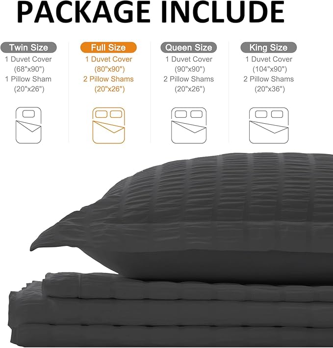 Cozyide Dark Grey Duvet Cover Full Size, 3 Pieces Bedding Duvet Covers, Breathable Seersucker Duvet Cover Set with Zipper Closure and Corner Ties (1 Duvet Cover 80"x90" + 2 Pillow Shams 20"x26")