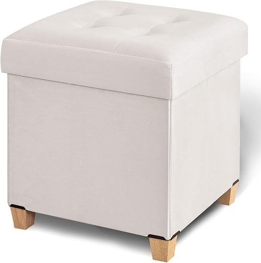 17.7" Ottoman with Storage, Square Storage Ottoman for Dorm, Velvet Ottomans with Legs for Living Room, Bedroom, White