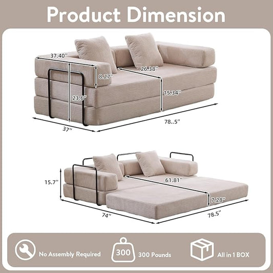 4-in-1 Convertible Folding Sleeper Sofa Bed, Fold Out Floor Sofa Couch with Fixed-Shape Frame, Cloud Corduroy Foldable Mattress Couch for Living Room Bedroom (78.5" Corduroy,Light Grey)