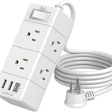 5Ft Outlet Extender Power Strip - Tcstei Flat Plug Extension Cord with 6 Outlets and 3 USB Ports(1 USB C), 3 Side Wall Mount Outlet Extender for Home Dorm Room Essentials, White