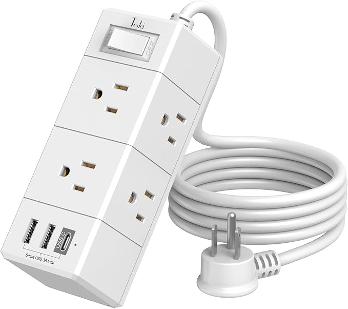 5Ft Outlet Extender Power Strip - Tcstei Flat Plug Extension Cord with 6 Outlets and 3 USB Ports(1 USB C), 3 Side Wall Mount Outlet Extender for Home Dorm Room Essentials, White