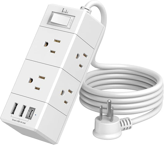 5Ft Outlet Extender Power Strip - Tcstei Flat Plug Extension Cord with 6 Outlets and 3 USB Ports(1 USB C), 3 Side Wall Mount Outlet Extender for Home Dorm Room Essentials, White