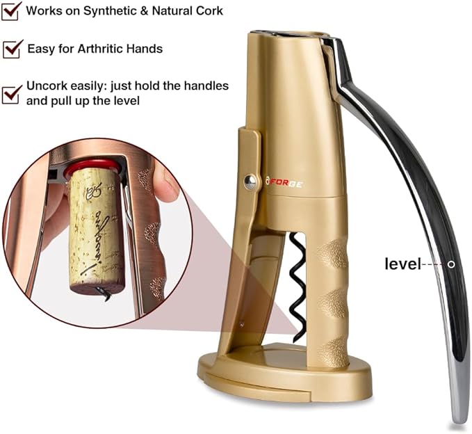 Forge Quality Compact Vertical Lever Corkscrew Wine Opener with Foil Cutter. 3 Seconds to Open a Bottle of Wine. Champagne Gold.