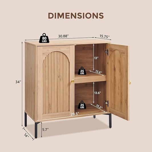 Bathroom Cabinet with Storage, 92.63" W Fluted Arched Free Standing Floor Cabinet w/Adjustable Shelves, Modern Sideboard Cabinet for Bathroom, Kitchen, Living Room, Entryway, Natural
